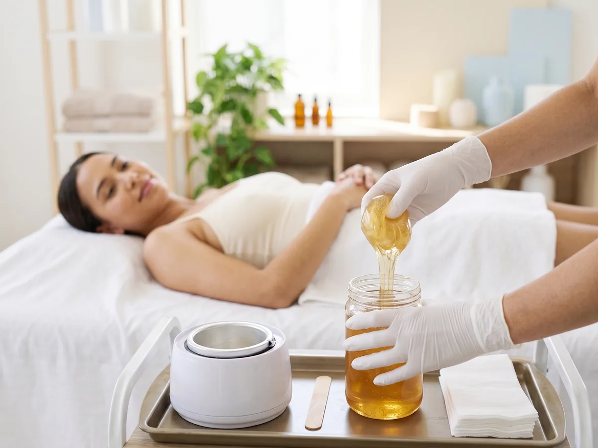 Gloved hands lifting sugar paste from a jar, a client relaxing on the treatment bed behind